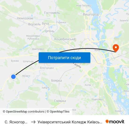 С. Ясногородка (Церква) to Університетський Коледж Київського Університету Ім. Б. Грінченка map
