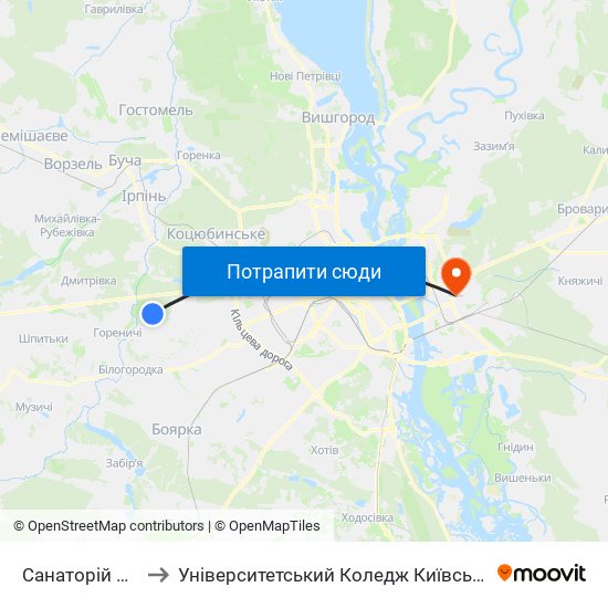 Санаторій Лісова Поляна to Університетський Коледж Київського Університету Ім. Б. Грінченка map