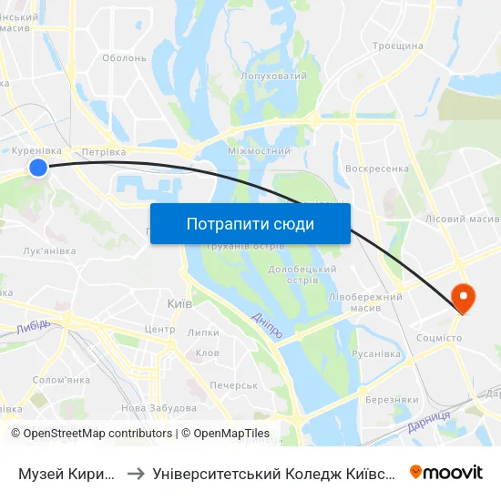 Музей Кирилівська Церква to Університетський Коледж Київського Університету Ім. Б. Грінченка map