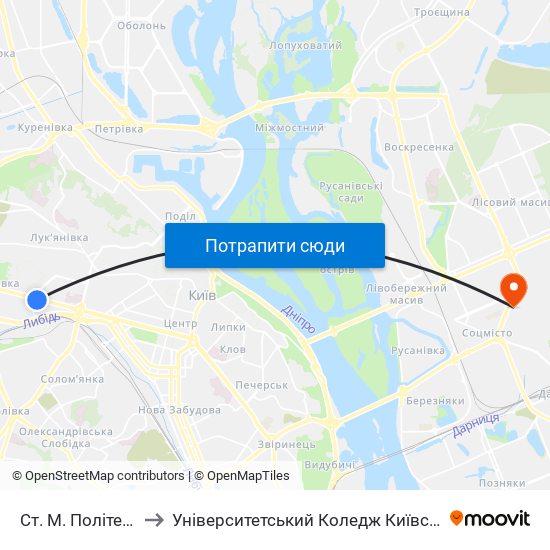 Ст. М. Політехнічний Інститут to Університетський Коледж Київського Університету Ім. Б. Грінченка map