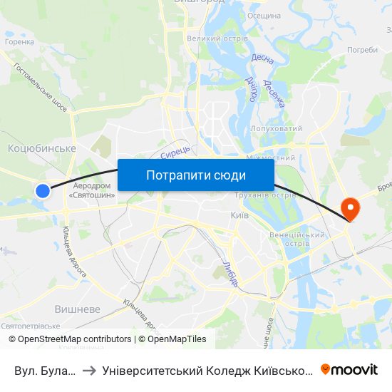 Вул. Булаховського to Університетський Коледж Київського Університету Ім. Б. Грінченка map