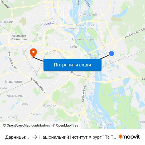 Дарницький Універмаг to Національний Інститут Хірургії Та Трансплантології Імені О.О. Шалімова map