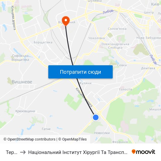 Теремки to Національний Інститут Хірургії Та Трансплантології Імені О.О. Шалімова map