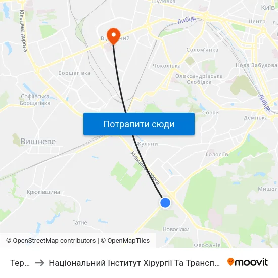 Теремки to Національний Інститут Хірургії Та Трансплантології Імені О.О. Шалімова map