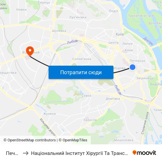 Печерська to Національний Інститут Хірургії Та Трансплантології Імені О.О. Шалімова map