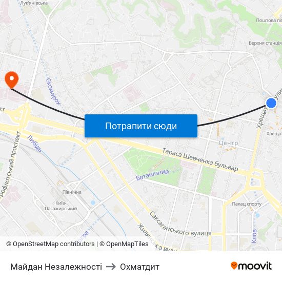 Майдан Незалежності to Охматдит map