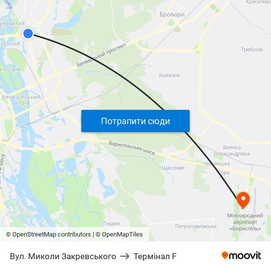 Вул. Миколи Закревського to Термінал F map