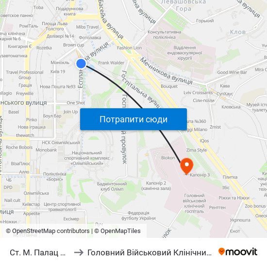 Ст. М. Палац Спорту to Головний Військовий Клінічний Госпіталь map