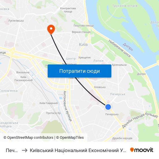 Печерська to Київський Національний Економічний Університет Імені Вадима Гетьмана map