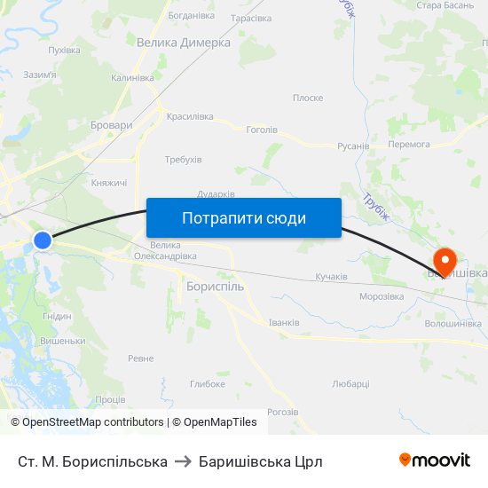 Ст. М. Бориспільська to Баришівська Црл map