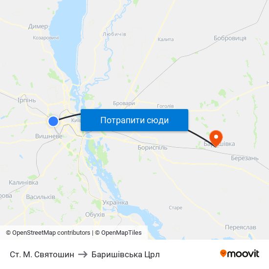 Ст. М. Святошин to Баришівська Црл map