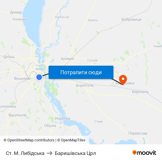 Ст. М. Либідська to Баришівська Црл map