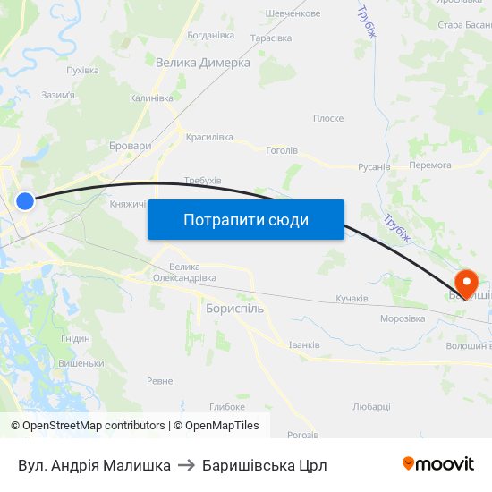 Вул. Андрія Малишка to Баришівська Црл map