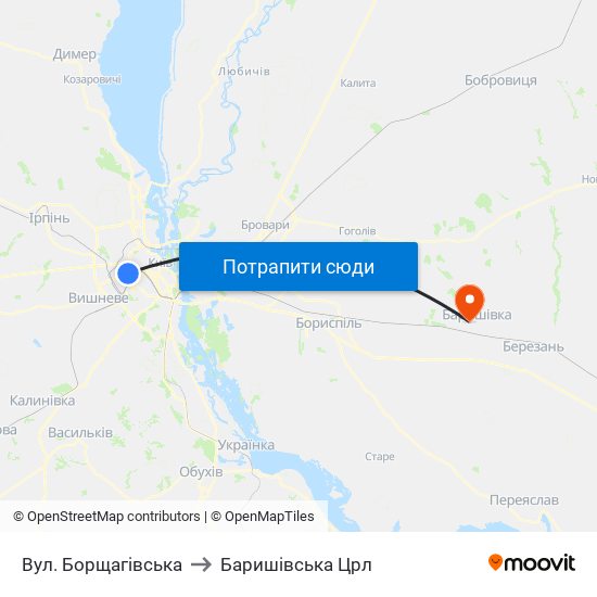 Вул. Борщагівська to Баришівська Црл map