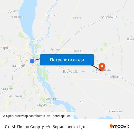 Ст. М. Палац Спорту to Баришівська Црл map