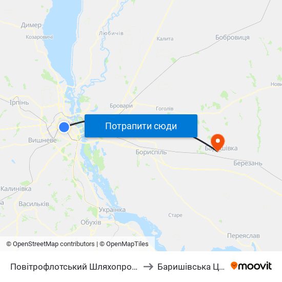 Повітрофлотський Шляхопровід to Баришівська Црл map