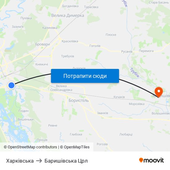 Харківська to Баришівська Црл map