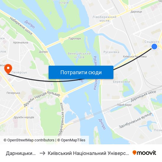 Дарницький Універмаг to Київський Національний Університет Технологій Та Дизайну map