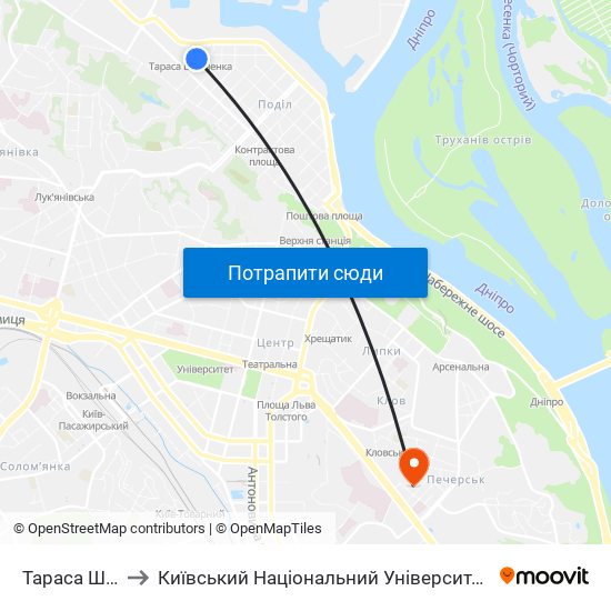 Тараса Шевченка to Київський Національний Університет Технологій Та Дизайну map