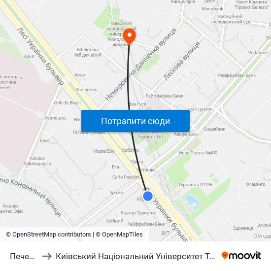 Печерська to Київський Національний Університет Технологій Та Дизайну map