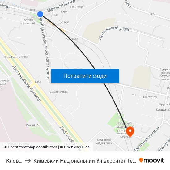 Кловська to Київський Національний Університет Технологій Та Дизайну map