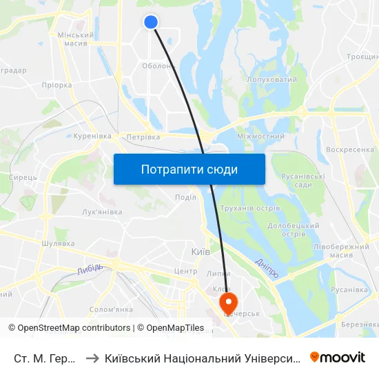 Ст. М. Героїв Дніпра to Київський Національний Університет Технологій Та Дизайну map