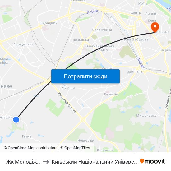 Жк Молодіжне Містечко to Київський Національний Університет Технологій Та Дизайну map