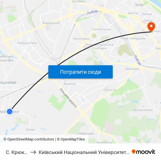 С. Крюківщина to Київський Національний Університет Технологій Та Дизайну map