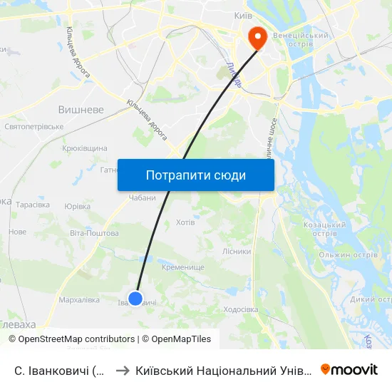 С. Іванковичі (Вул. Ворошилова) to Київський Національний Університет Технологій Та Дизайну map