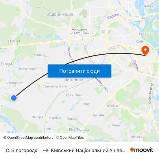 С. Білогородка (Вул. Єдина) to Київський Національний Університет Технологій Та Дизайну map