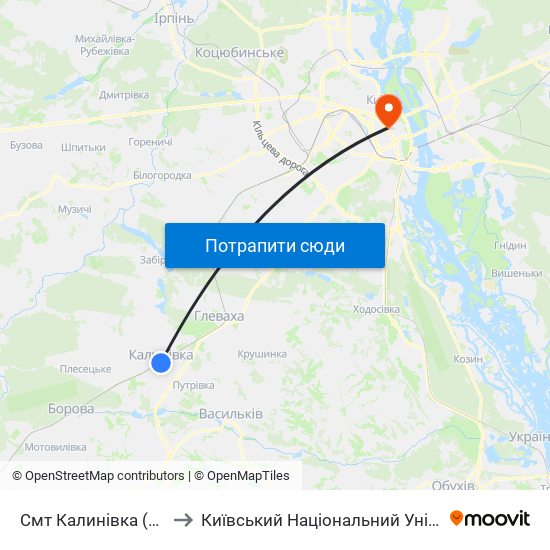 Смт Калинівка (Станція Васильків-1) to Київський Національний Університет Технологій Та Дизайну map