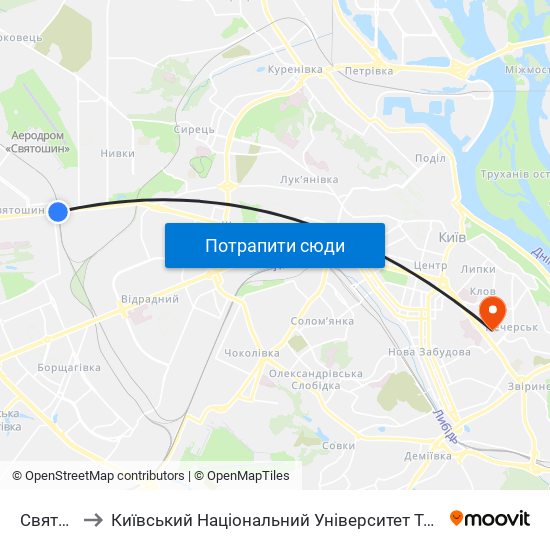 Святошин to Київський Національний Університет Технологій Та Дизайну map