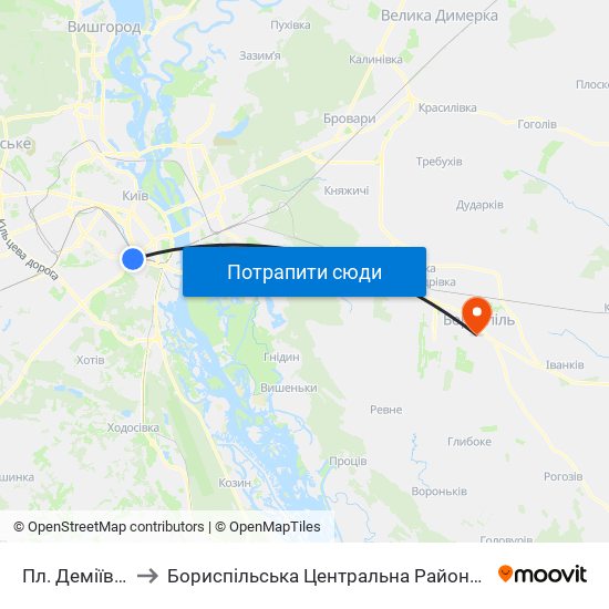 Пл. Деміївська to Бориспільська Центральна Районна Лікарня map