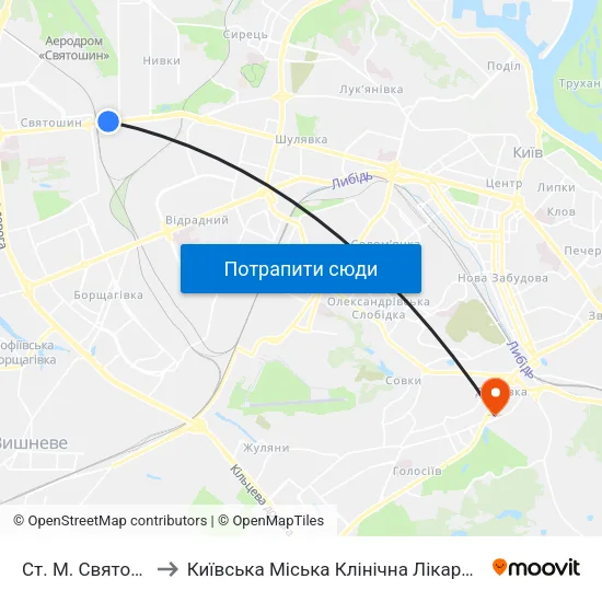 Ст. М. Святошин to Київська Міська Клінічна Лікарня №10 map