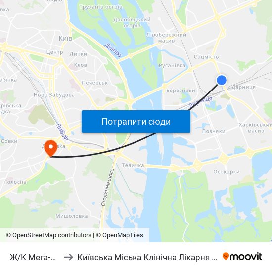 Ж/К Мега-Сiтi to Київська Міська Клінічна Лікарня №10 map
