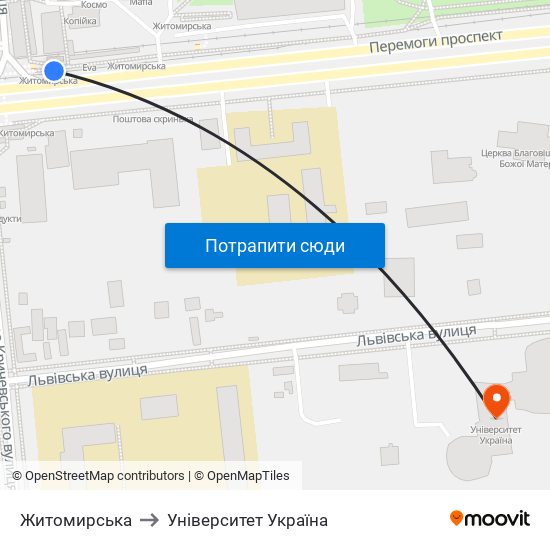 Житомирська to Університет Україна map