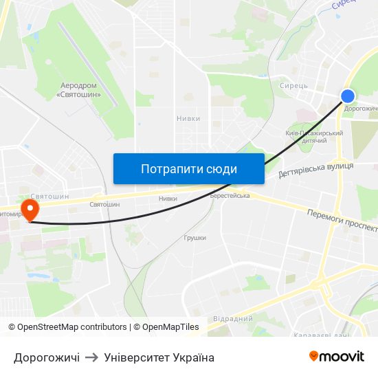 Дорогожичі to Університет Україна map