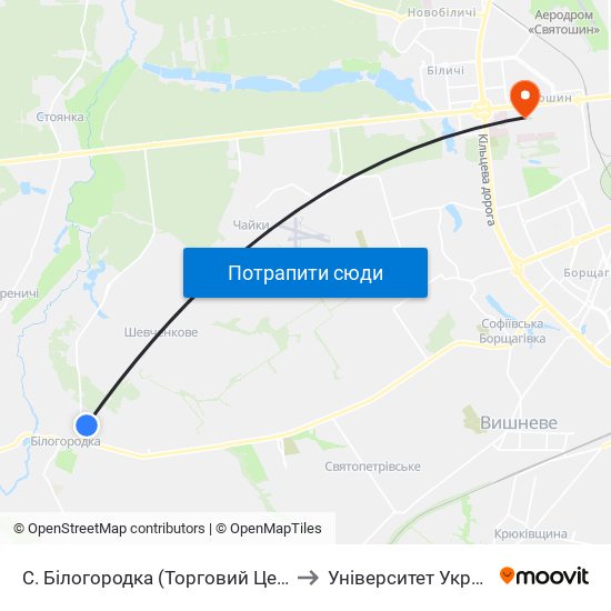 С. Білогородка (Торговий Центр) to Університет Україна map