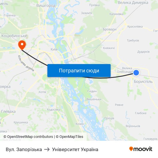 Вул. Запорізька to Університет Україна map