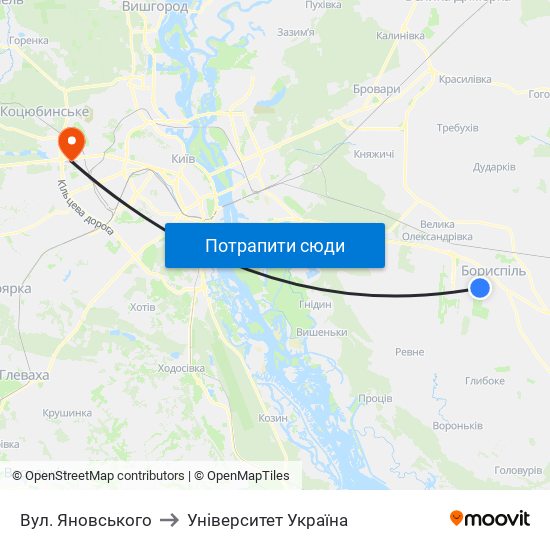 Вул. Яновського to Університет Україна map