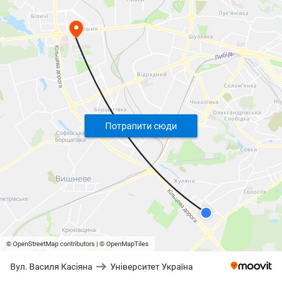 Вул. Василя Касіяна to Університет Україна map