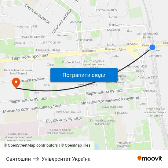 Святошин to Університет Україна map