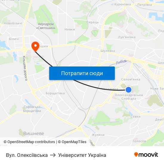 Вул. Олексіївська to Університет Україна map