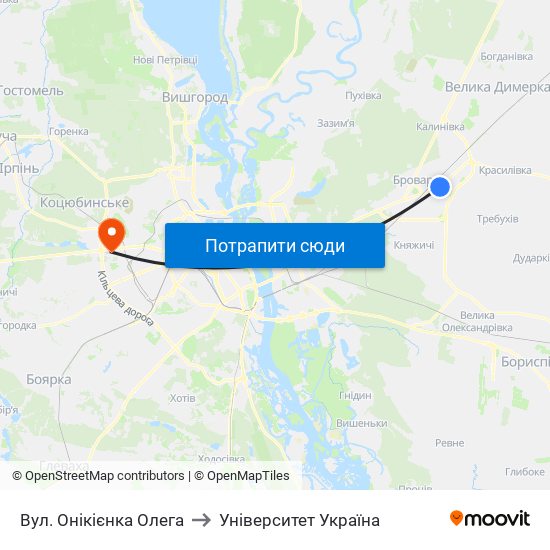 Вул. Онікієнка Олега to Університет Україна map