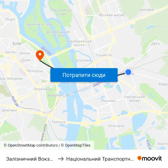 Залізничний Вокзал Дарниця to Національний Транспортний Університет map