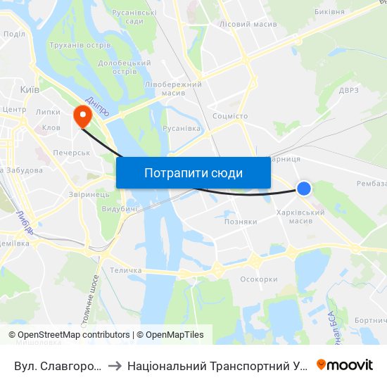 Вул. Славгородська to Національний Транспортний Університет map
