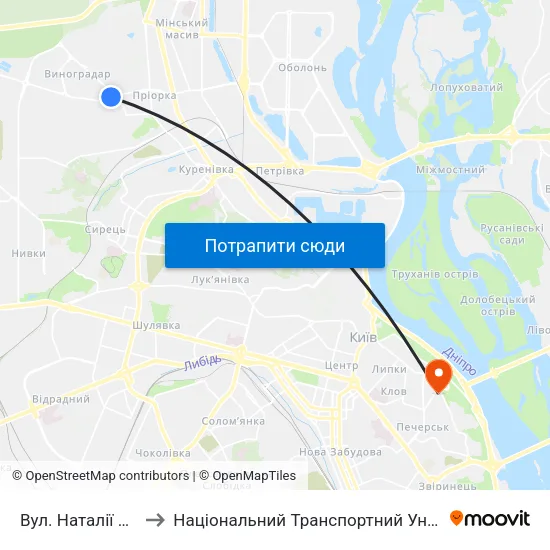 Вул. Наталії Ужвій to Національний Транспортний Університет map