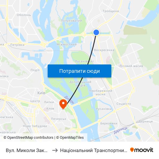 Вул. Миколи Закревського to Національний Транспортний Університет map