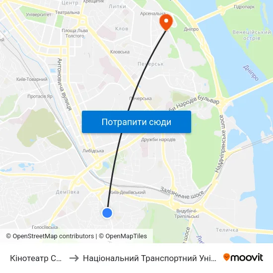 Кінотеатр Салют to Національний Транспортний Університет map