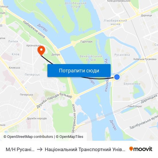 М/Н Русанівка to Національний Транспортний Університет map